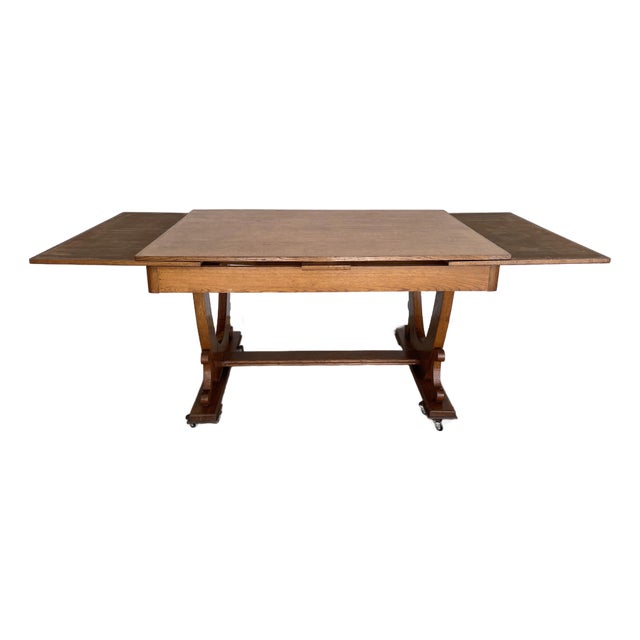 1950s Signed and Dated Midcentury French Oak Trestle Table For Sale