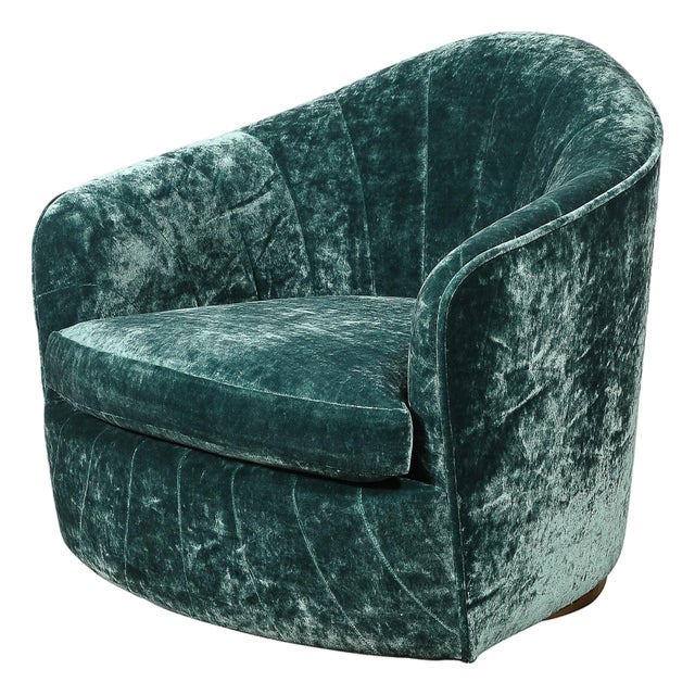 Mid-Century Milo Baughman Swivel Tilt Club Chair W/ Brass Base in Smoked Emerald For Sale