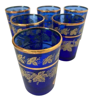 Handblown Moorish Moroccan Blue and Gold Glasses - Set of 6