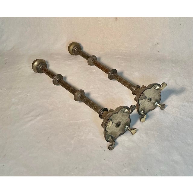 Pair Antique Decorated 29" Tall Solid Brass Floor Candle Stands Candlesticks Candle Holders, Circa 18th-19th Century For Sale - Image 4 of 12