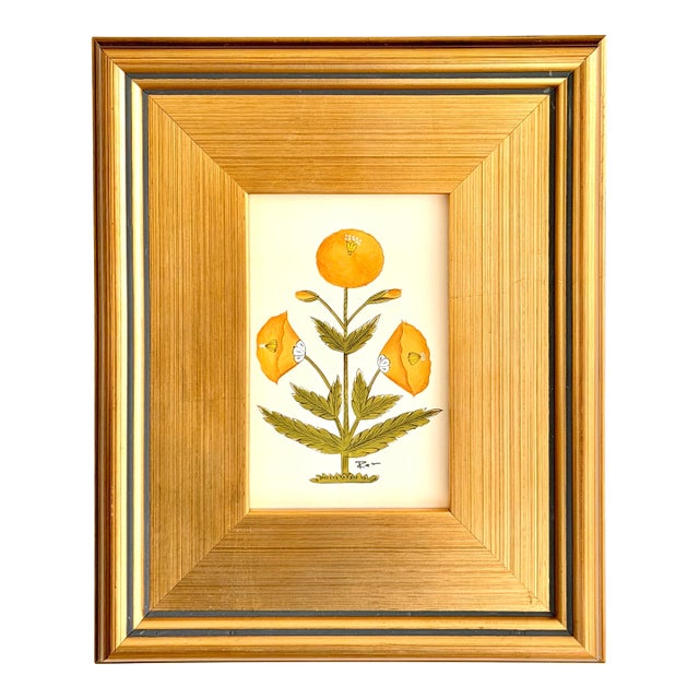Original Hand-Painted Mustard Yellow Floral Motif Painting in a Plein Air Frame For Sale