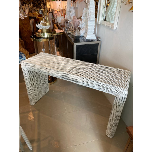 Traditional Vintage Palm Beach White Wicker Waterfall Console Table For Sale - Image 3 of 12