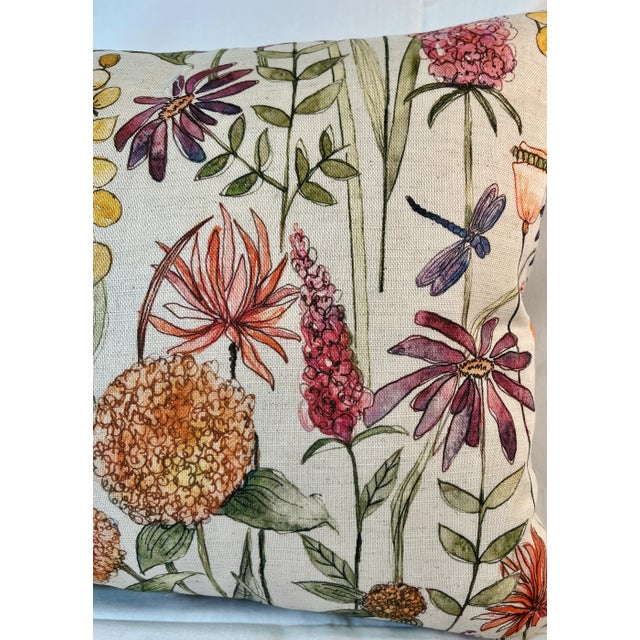 Mid-Century Modern Large Bolster Pillow Decorated With a Vibrant Mid Century Modern Inspired Orange & Pink Floral Pattern Dotted With Dragonfles - Made in U K For Sale - Image 3 of 12