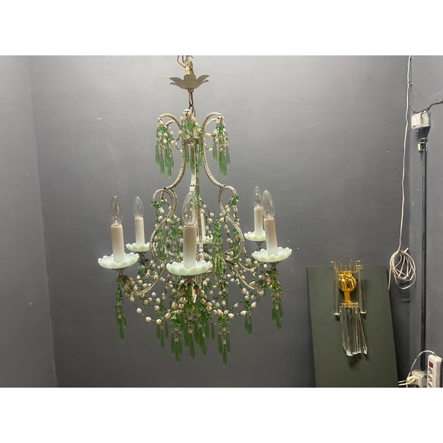 Opaline Glass Beaded Chandelier in Pastel Blue and Green Crystal Drops, 1950s For Sale - Image 13 of 15