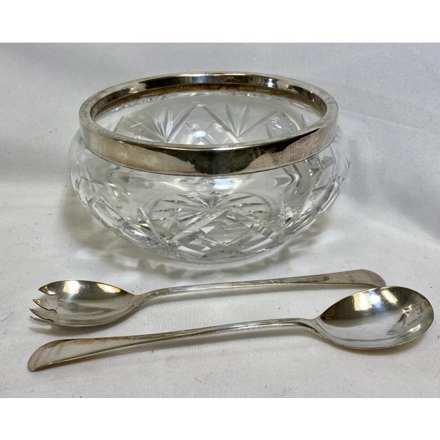 Vintage Cut Glass Salad Bowl With Silver Plate Rim and Silver Plate