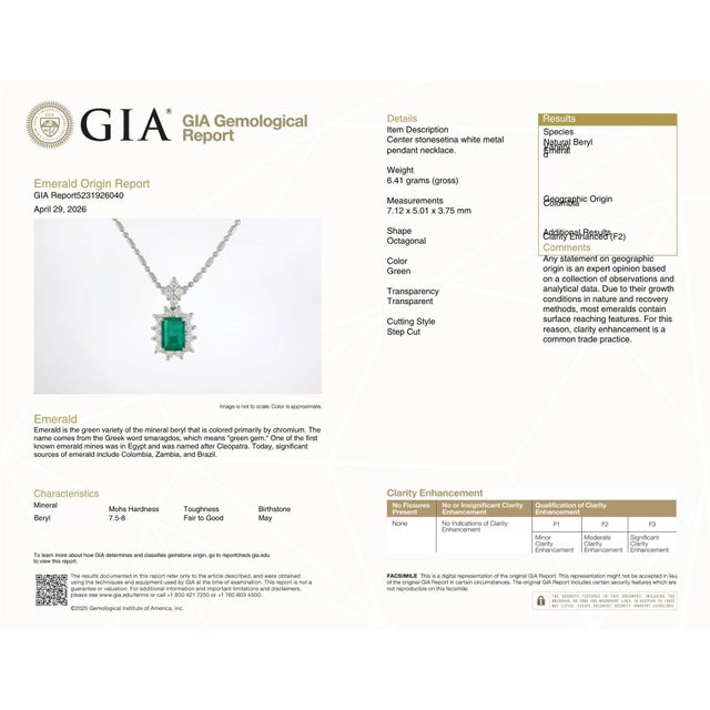 Gia Certified Platinum 900 Emerald & Diamond Pendant With Platinum 850 Chain For Sale - Image 13 of 13