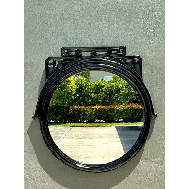 Vintage Black Lacquered Fretwork Round Wall Mirror For Sale - Image 11 of 16
