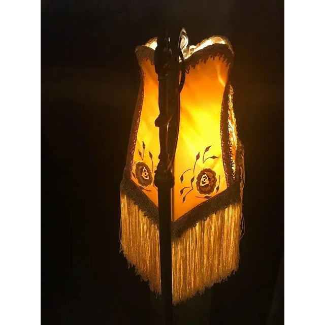 Metal 1920's Victorian Style Cast Iron Bridge Arm Floor Lamp With Ornate Golden Shade For Sale - Image 7 of 12
