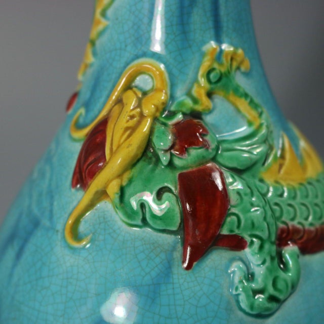 19th Century Rare Pair Worcester Majolica Dragon Vases For Sale - Image 5 of 11