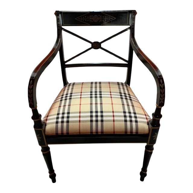 Kindel Regency Black Arm Chair, Newly Reupholstered For Sale