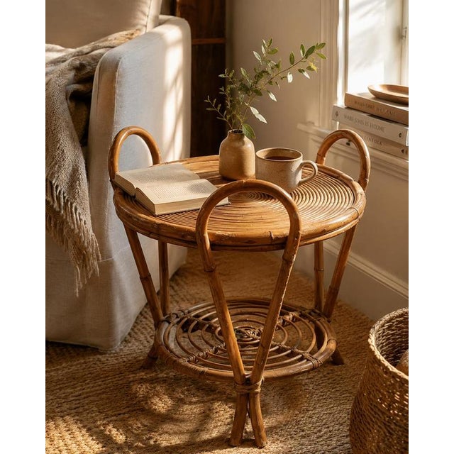 Vintage Sculptural Two-Tier Rattan Side Table with Loop Handles, Japan, 1970s For Sale - Image 6 of 7