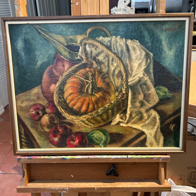 Pumpkin 1940s Painting Original Still Life Mid Century - Signed For Sale - Image 8 of 8