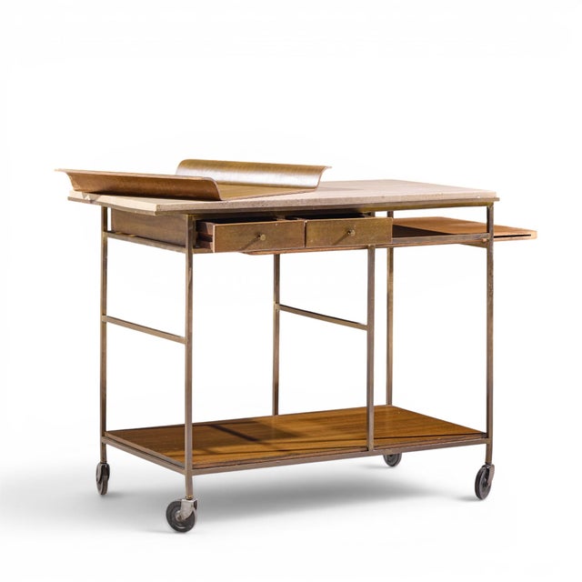 Paul McCobb for Calvin Irwin Collection Mid Century Travertine, Brass and Mahogany Bar Cart For Sale In Chicago - Image 6 of 12