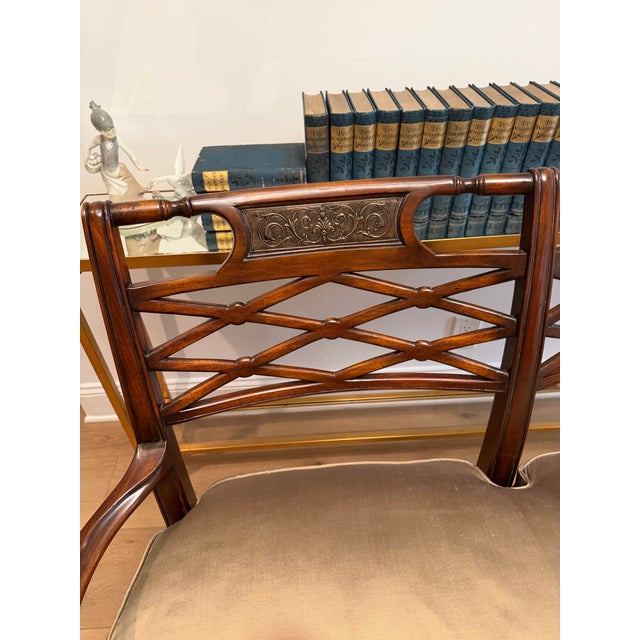 English Elegant Vintage Mahogany Lattice-Back Settee With Silk Upholstery For Sale - Image 3 of 8
