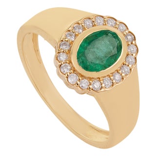 Vintage-Inspired Oval Emerald Diamond Halo Signet Ring Size 5 in 14k Yellow Gold For Sale