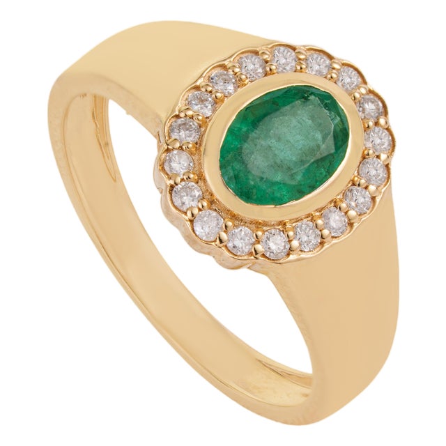 Vintage-Inspired Oval Emerald Diamond Halo Signet Ring Size 5 in 14k Yellow Gold For Sale