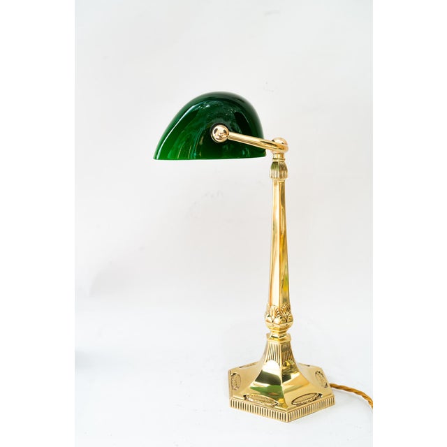 Solid Art Deco Banker table lamp with green glass around 1920s Brass polished and stove enameled European Plug (up to...