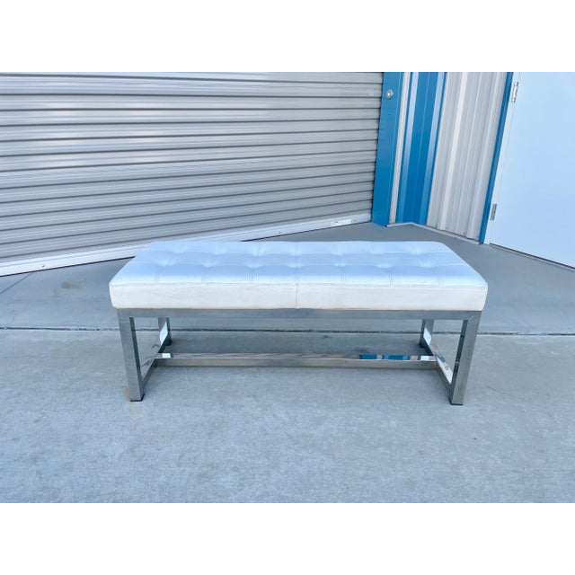 Beautiful vintage leather & steel bench designed and manufactured in the united states circa 1970s. This bench features a...