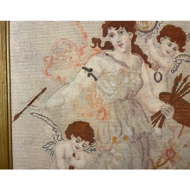 Large Antique 19th Century Victorian Handmade Lady Cherub Venus Needlepoint Art For Sale - Image 9 of 12