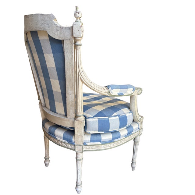 Mid 20th Century Carved Armchair With Blue Gingham Upholstery For Sale - Image 11 of 12