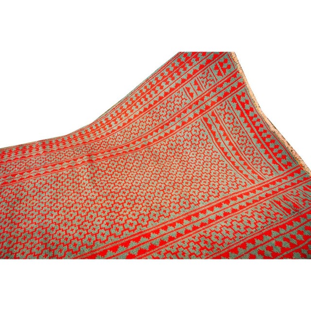 Textile 1950s Small Green Red Modern Geometric Cotton Vintage Textile Knotted Ziloo Rug For Sale - Image 7 of 8
