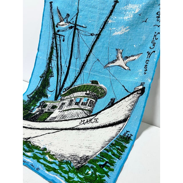 Textile Vintage Key West Hand-Printed Linen Towel – Suzie Zuzek Shrimp Boat Coastal Nautical 1960s For Sale - Image 7 of 10