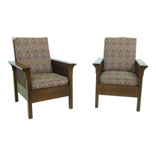 Pair Stickley Prairie Style Mission Oak Armchairs For Sale