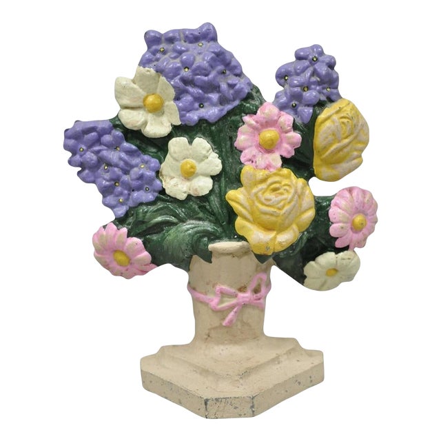 Antique Victorian Cast Iron Figural Floral Bouquet Basket Pink Painted Door Stop For Sale