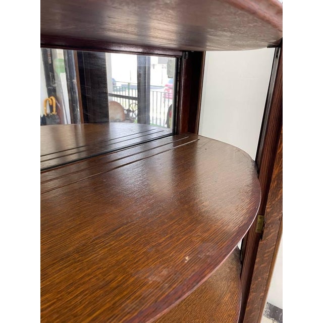 Wood Antique Tiger Oak Curio Cabinet, 4 Shelves, Glass Door, Hand Carved Wood For Sale - Image 7 of 11