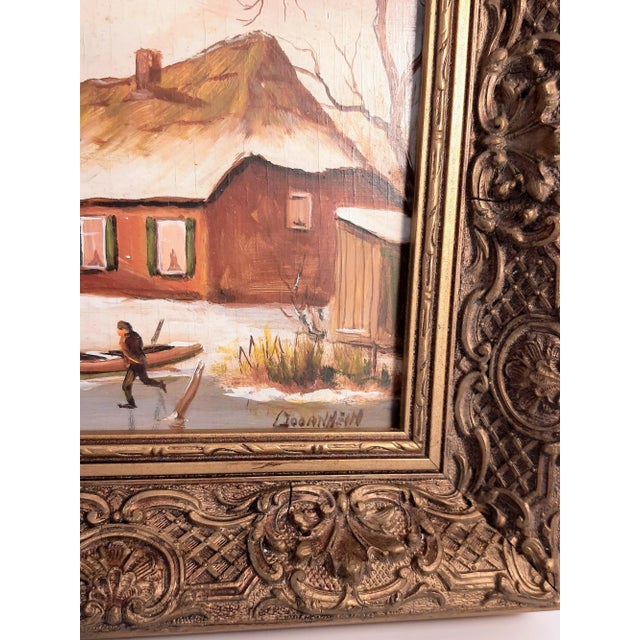 Winter Snow Scene Oil on Board Ice Skaters For Sale - Image 4 of 7