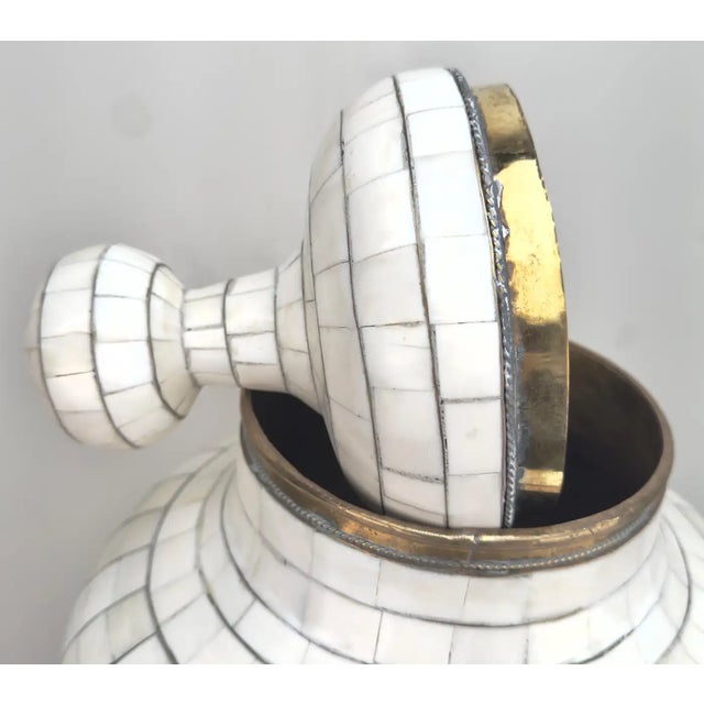 Metal Mid-Century Off-White Mosaic Natural Bone With Brass Inlay Urn or Vase For Sale - Image 7 of 12