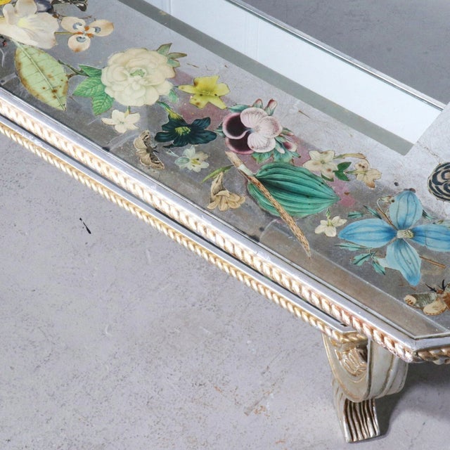 Early 20th Century French Floral Eglomise Carved and Mirrored Coffee Table - Maison Jansen Attr. For Sale - Image 5 of 12