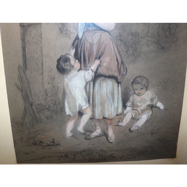 Black Antique 19th Century Original Figural Mother Painting Pastel Charcoal Drawing For Sale - Image 8 of 12