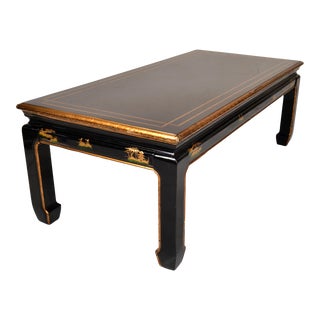 1970s Chinoiserie Asian Black & Gold Rectangle Coffee Table with Gilt Hand-Painted Décor For Sale