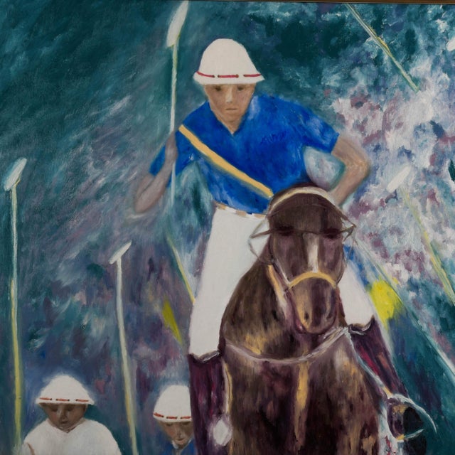 This Framed Signed Oil on Canvas Polo Player Painting features an energetic and colorful depiction of a fast-paced polo...
