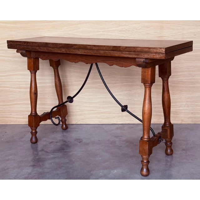 20th Century Spanish Console Fold Out Farm Table with Wood Stretcher For Sale In Miami - Image 6 of 18