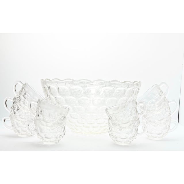 American 1960s Vintage 11-Piece Glass Punch Bowl Set, Thumbprint Design For Sale - Image 3 of 9