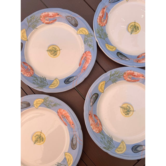 French Provincial 1970s Gien France "Belle Île en Mer" Seafood Plates — Hand-Painted Majolica, 11.25" - Set of Four For Sale - Image 3 of 7
