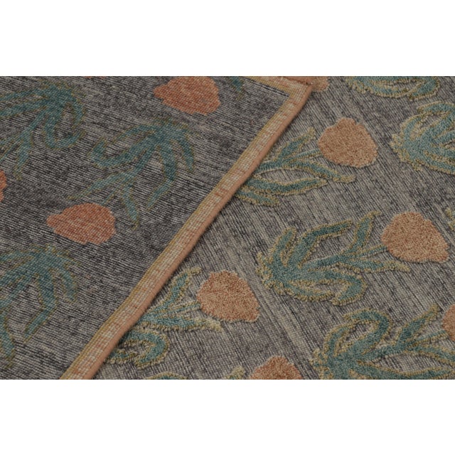 Textile Rug & Kilim’s Block Print Rug Design in Gray With Rust and Green Floral Motifs For Sale - Image 7 of 7