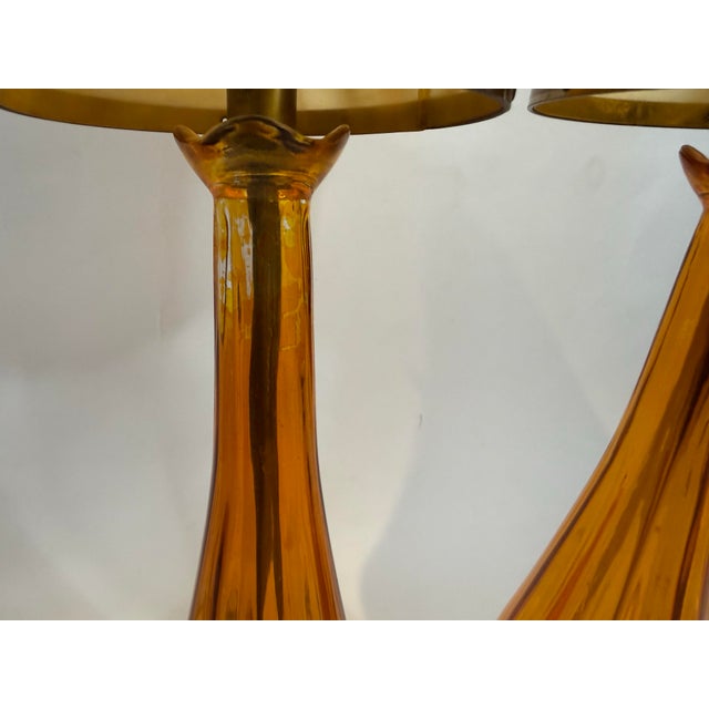 Metal Vintage Mid-Century Modern Amber Murano Style Swirl Glass Table Lamps - a Pair For Sale - Image 7 of 8