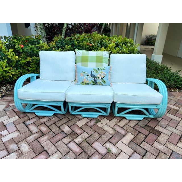 Wood Mid-Century Bamboo Pretzel Sofa in Robin Egg Blue With New Restoration Hardware Outdoor Cushions for a Modern Appeal and Comfort. 3 Sections For Sale - Image 7 of 10