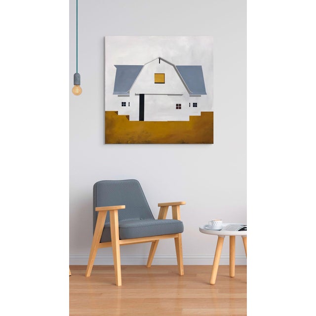 This artwork presents a minimalist depiction of a barn, characterized by a stark white facade and a muted color palette...
