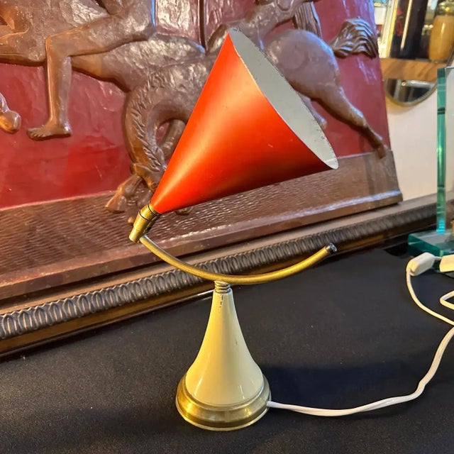 Mid-Century Modern 1950s Stilnovo Style Mid-Century Modern Brass and Metal Cone Table Lamp For Sale - Image 3 of 8