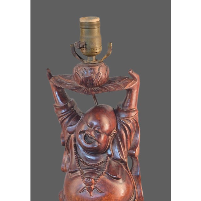 Wood Antique Hand Carved Hardwood Hotei Happy Joyous Buddha Arms Raised Holding a Lotus Flower Table Lamp For Sale - Image 7 of 16
