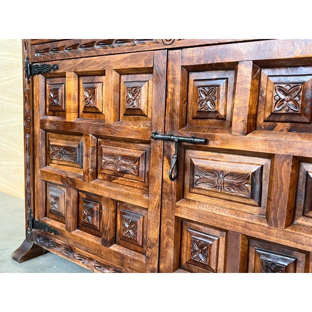 Brown 19th Spanish Baroque Carved Walnut Tuscan Two Drawer Credenza or Buffet For Sale - Image 8 of 9