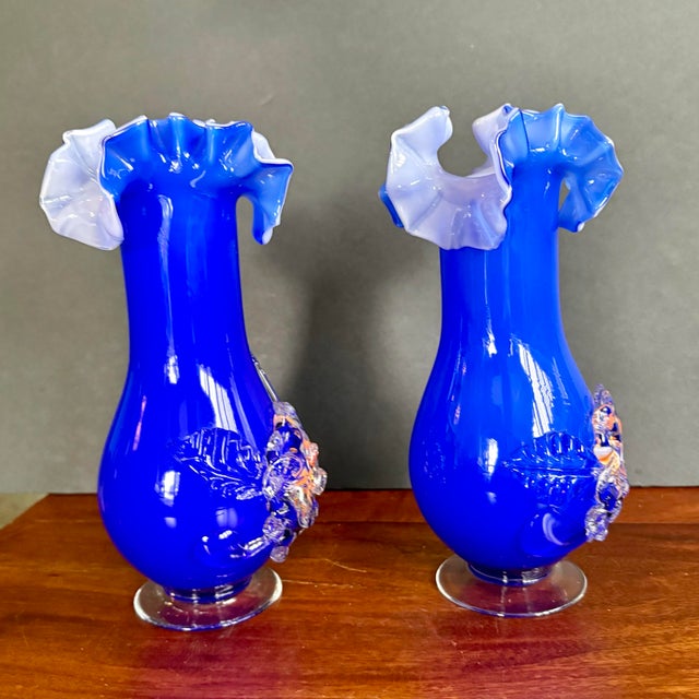 Glass Murano Style Blue Art Glass Vases With Thread Design and Orange Accents, Set of 2 For Sale - Image 7 of 8