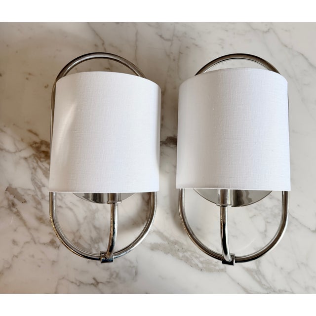Urban Electric Pair of Urban Electric Large Nickel Bit Sconces With Linen Shades For Sale - Image 4 of 10