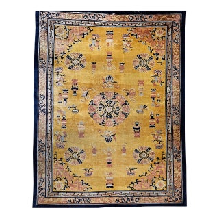Antique Art Deco Chinese Rug, Hand-Knotted Wool, Pastel Yellow & Blue, 10x15 For Sale
