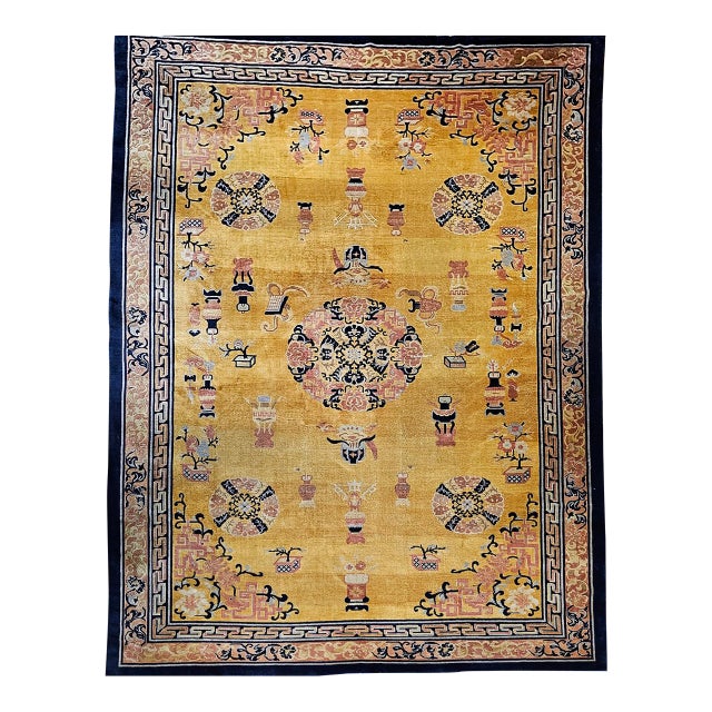 Antique Art Deco Chinese Rug, Hand-Knotted Wool Pile, Pastel Yellow, 10' x 15' For Sale