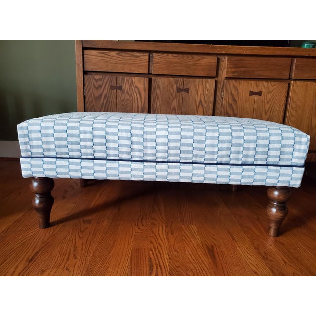 Newly Upholstered English Ottoman in Blue-Grey Woven Water Fabric For Sale - Image 4 of 7